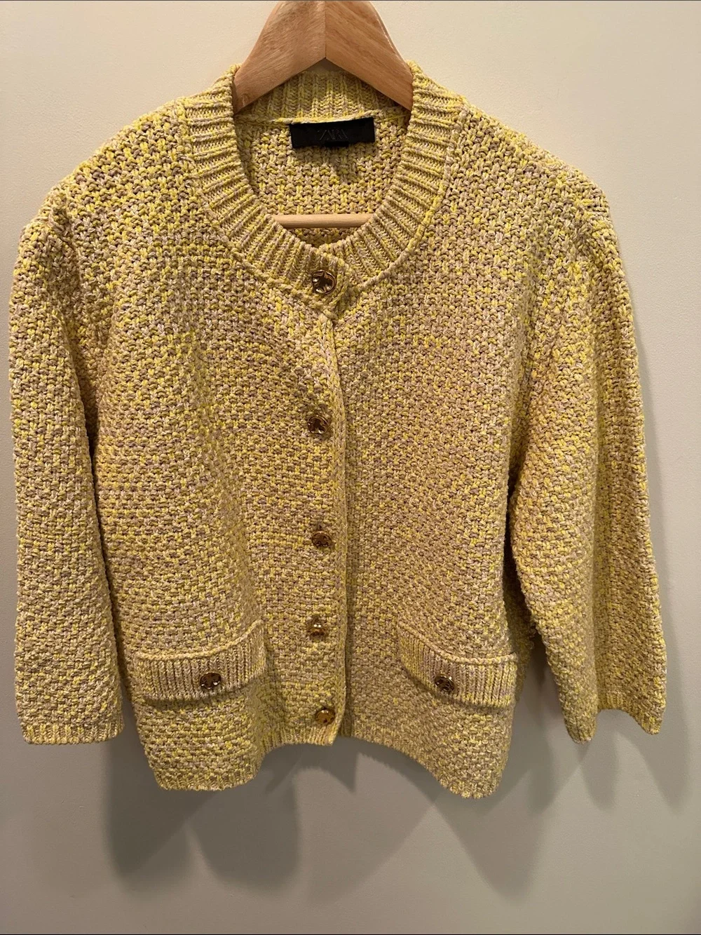 Zara Yellow Textured Knit Cardigan Sweater